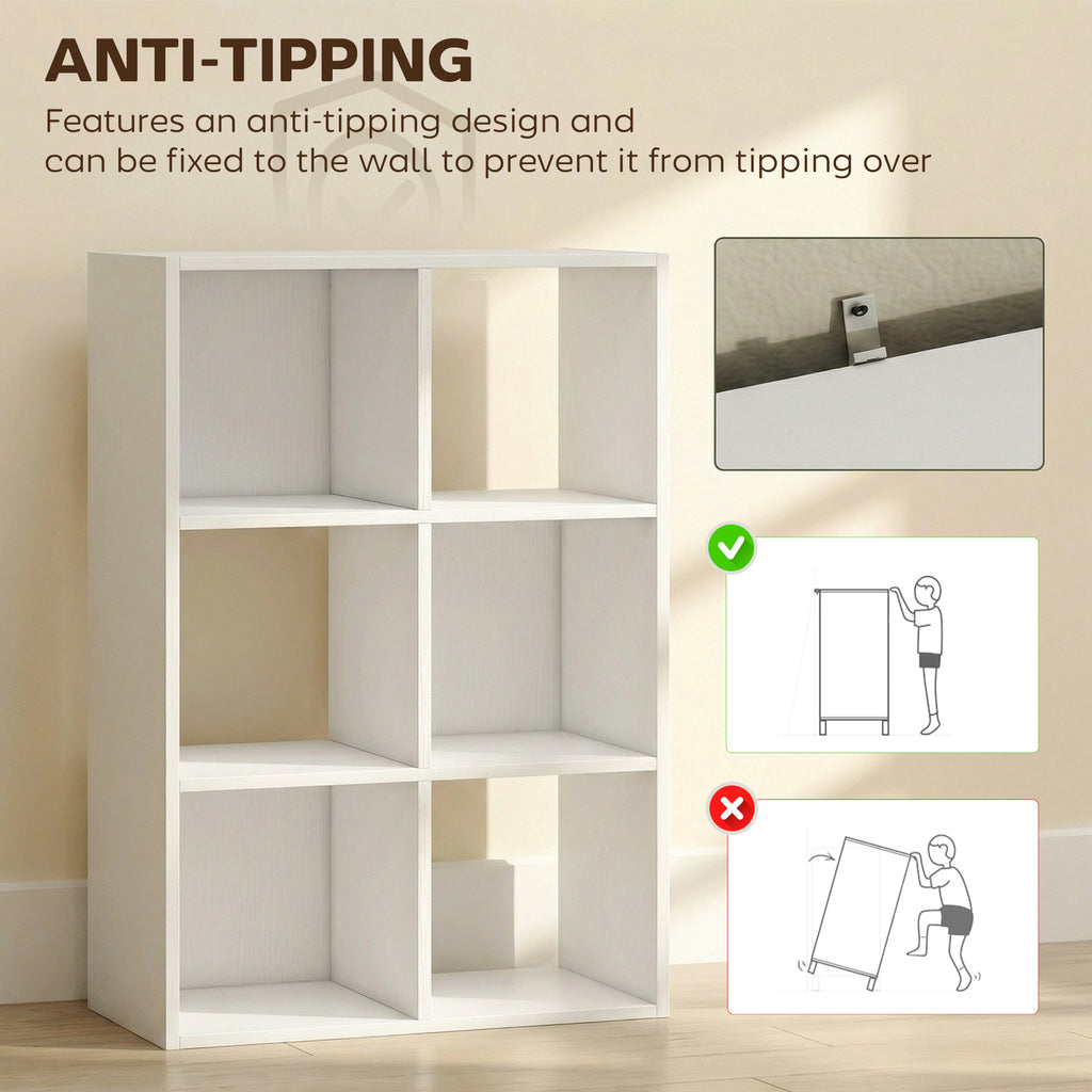 Industrial Style Storage Shelf, Bookcase, Bookshelf with 6 Compartments, for Living Room, Home Study, White Wood Effect