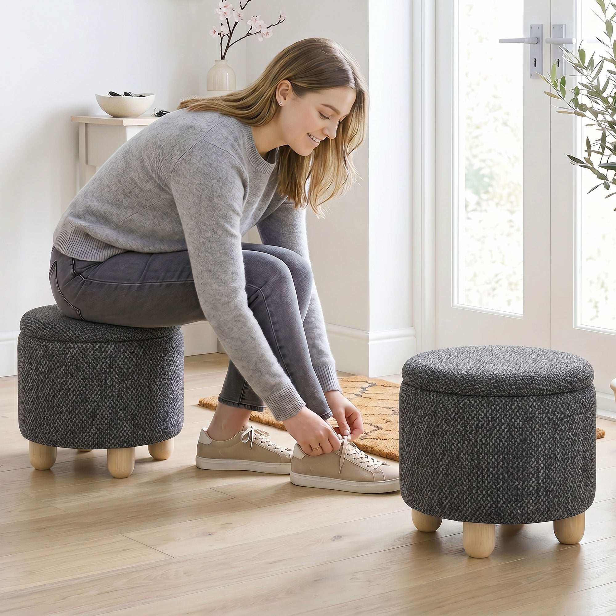 Storage Sitting Bench with Lid, Round Storage Ottoman with Rubberwood Legs, Dark Grey