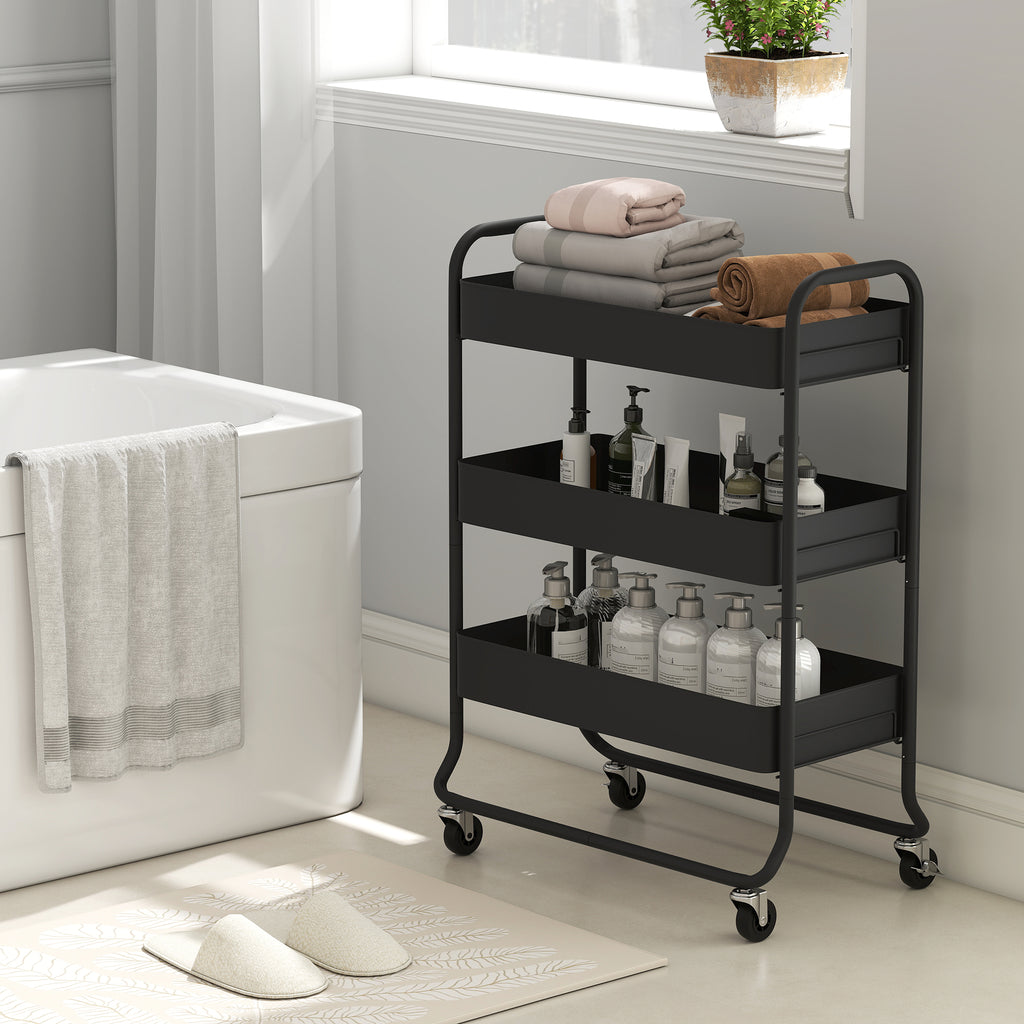 HOMCOM 3-Tier Storage Trolley on Wheels with Mesh Baskets - Black