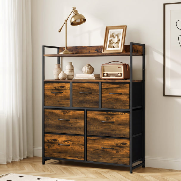 HOMCOM Chest of Drawers, Bedroom Fabric Dresser with 7 Drawers, Storage Organiser Unit with Open Shelves, Rustic Brown – view 2