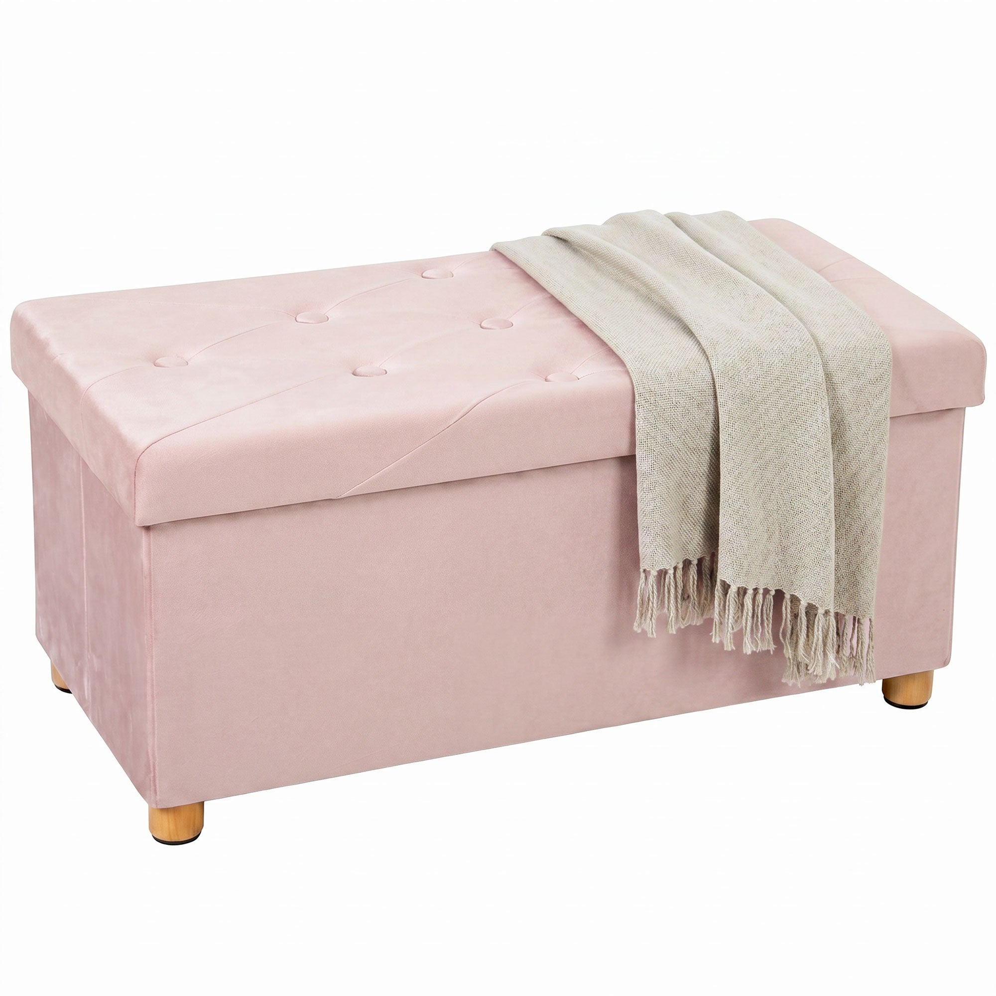 Velvet Upholstered Foldable Ottoman Footrest, Storage Ottoman Bench with Wood Legs for Living Room, Pink