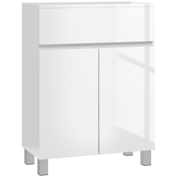White high gloss freestanding bathroom cabinet with top drawer and cupboard, 60 cm wide