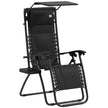 Black folding zero gravity recliner chair with shade canopy, headrest and cup holder tray
