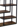 Close-up of the staggered wooden shelves and black frame