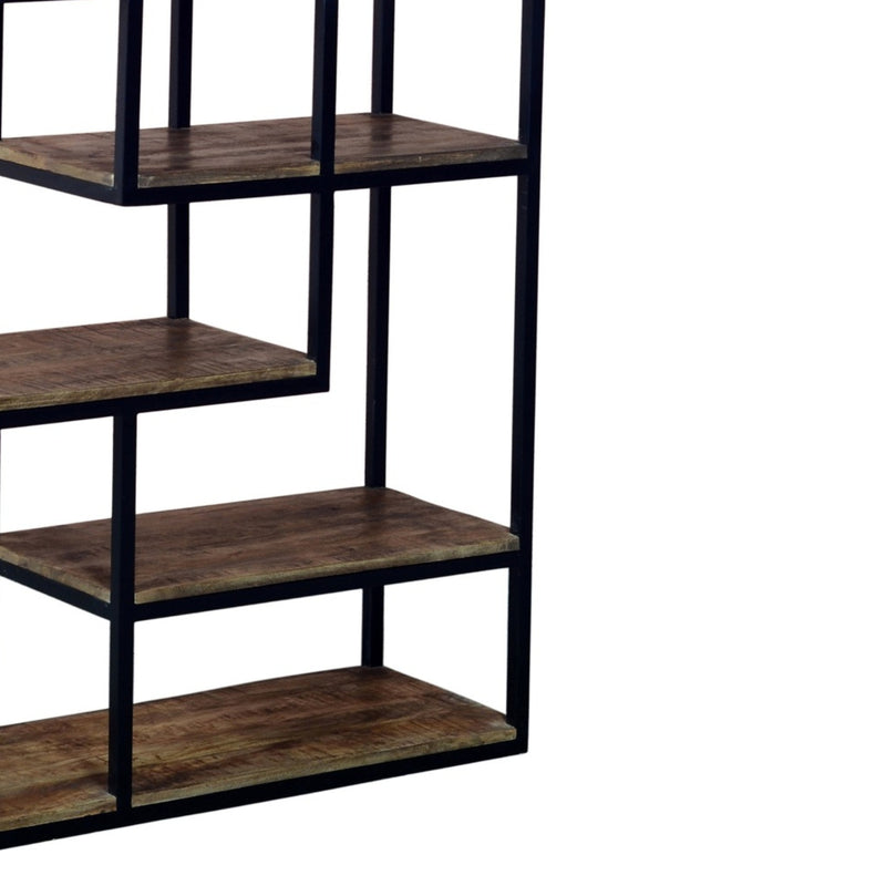Close-up of the staggered wooden shelves and black frame