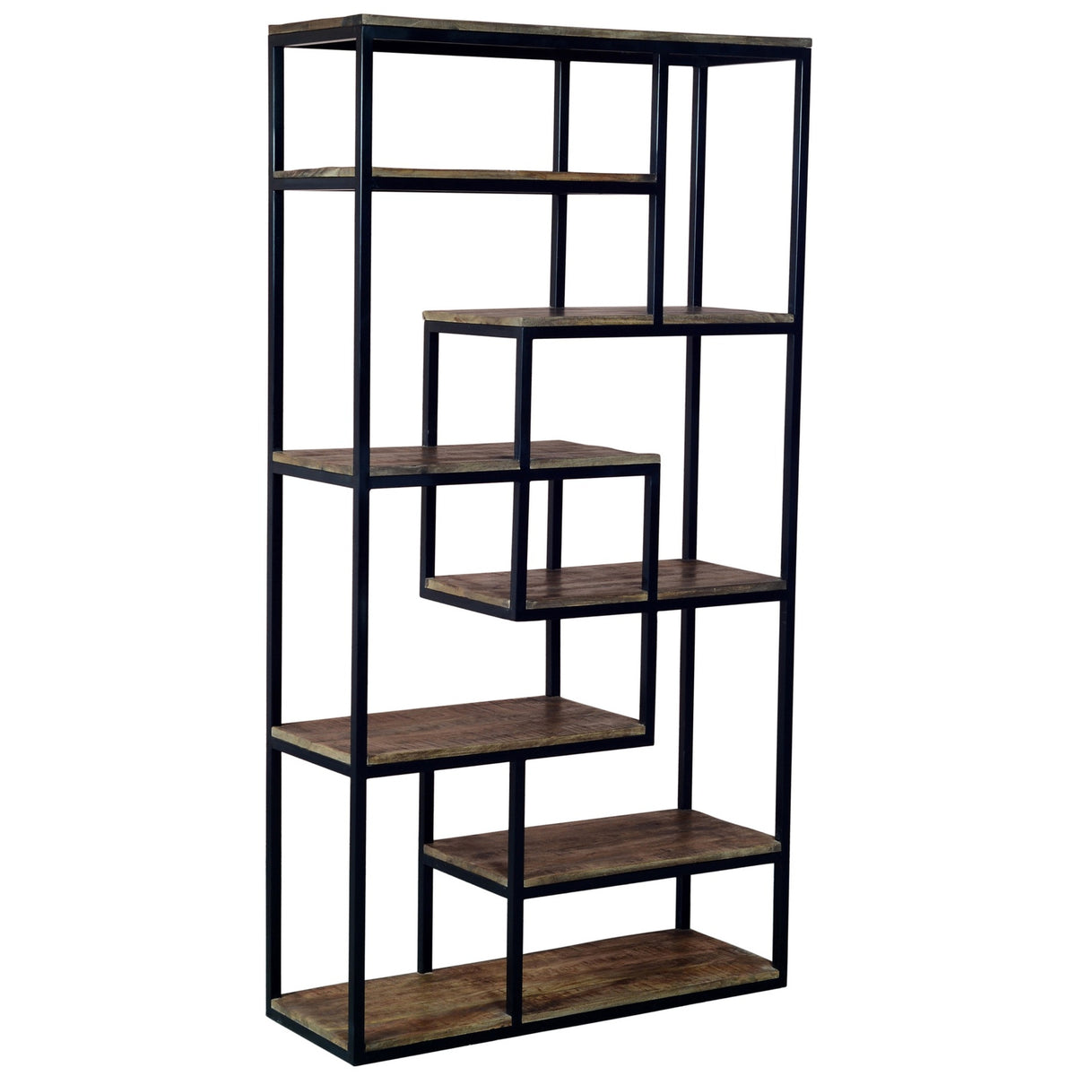 Industrial multi shelf unit with black frame and wood shelves