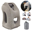 Grey inflatable travel pillow for airplane, train and office rest