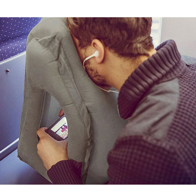Inflatable travel pillow shown in a comfortable resting position