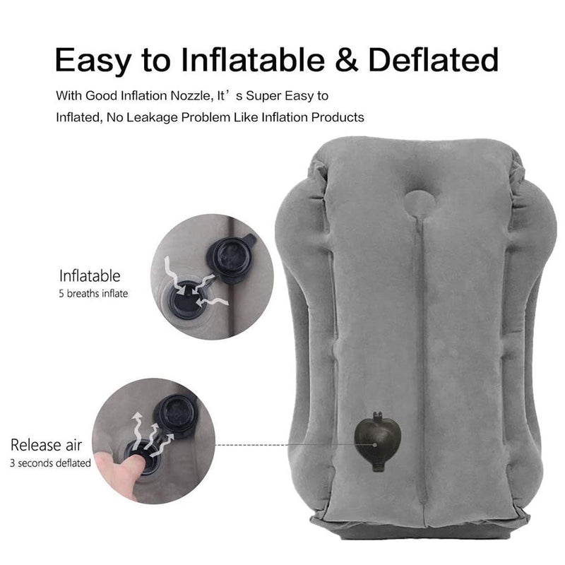 Grey inflatable travel pillow designed for forward head and neck support