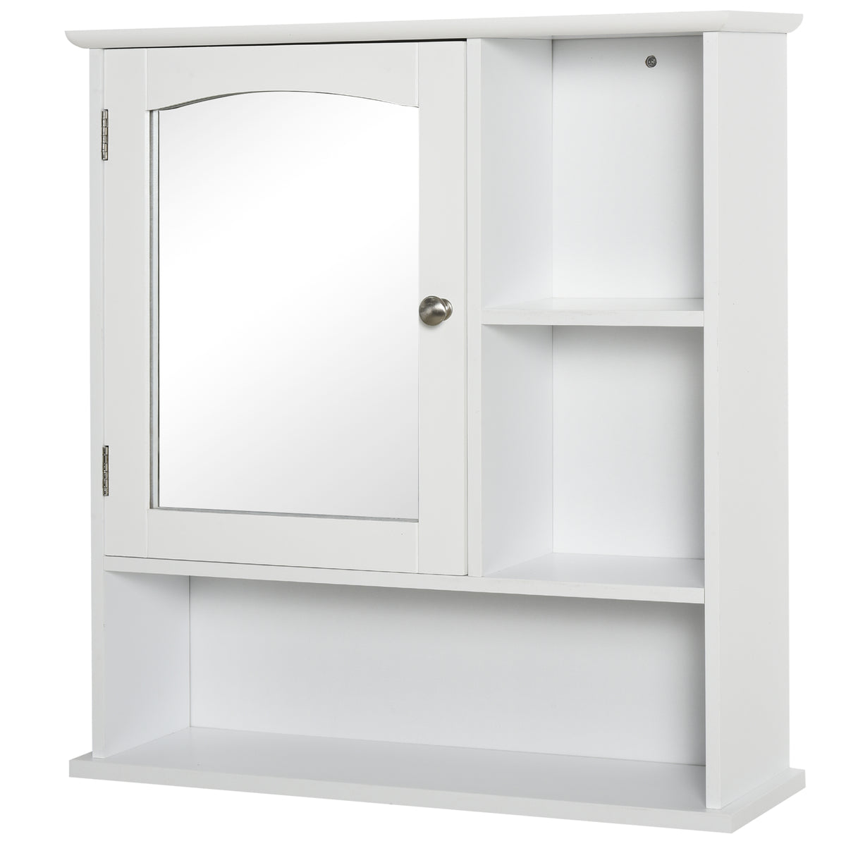 White wall-mounted mirror cabinet with magnetic mirrored door and open shelves