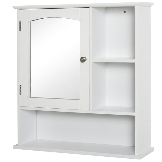 White wall-mounted mirror cabinet with magnetic mirrored door and open shelves