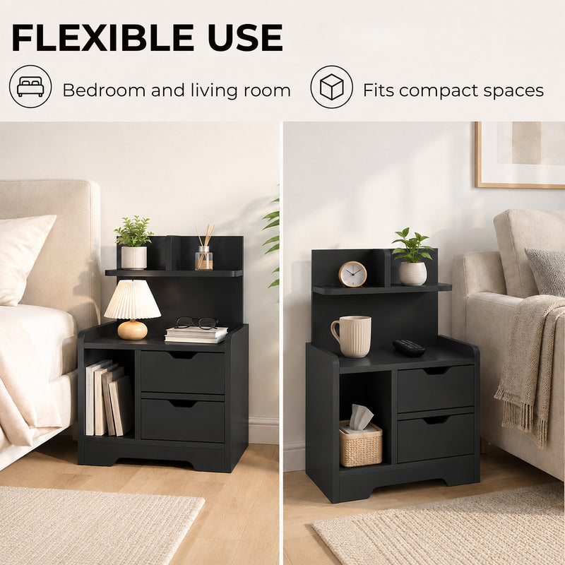 HOMCOM Bedside Table, Small Bedside Cabinet with 2 Drawers and Storage Shelves for Bedroom, Black Wood Effect – view 4