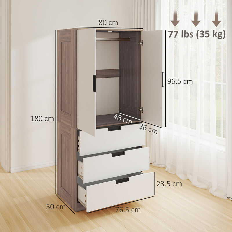 HOMCOM Modern Clothes Storage Cupboard Unit, 3 Drawer 2 Door Wardrobe with Hanging Rod, White/Brown – view 3