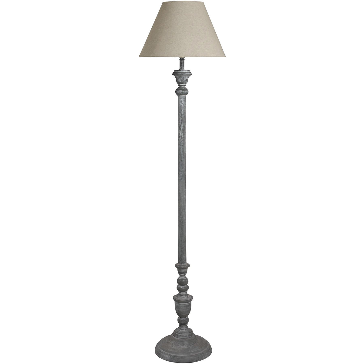 Ithaca grey washed wood floor lamp with linen shade, front view