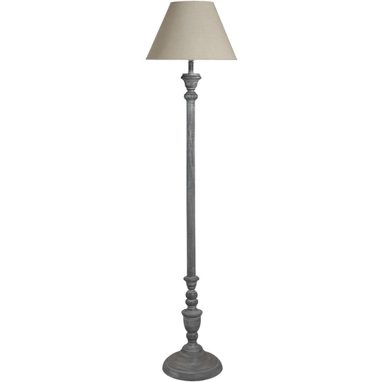 Ithaca grey washed wood floor lamp with linen shade, front view