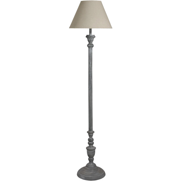 Ithaca grey washed wood floor lamp with linen shade, front view
