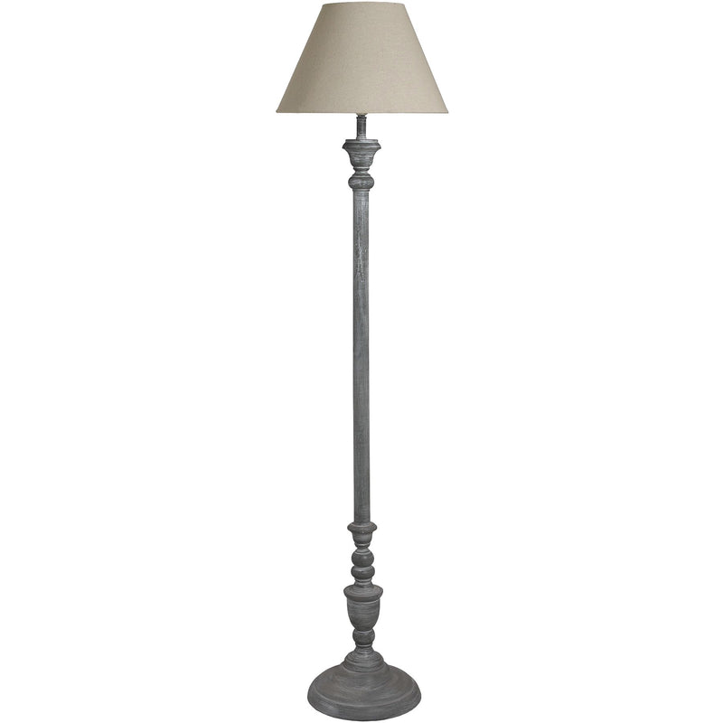 Ithaca grey washed wood floor lamp with linen shade, front view