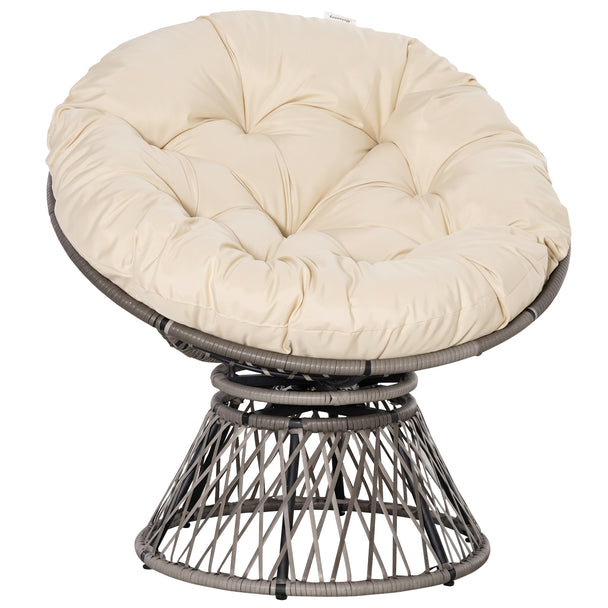 Beige rattan 360-degree swivel moon bowl chair with plush round cushion