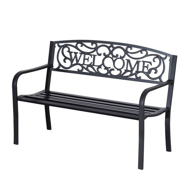 Black steel 2-seater garden bench with contoured seat, backrest and armrests