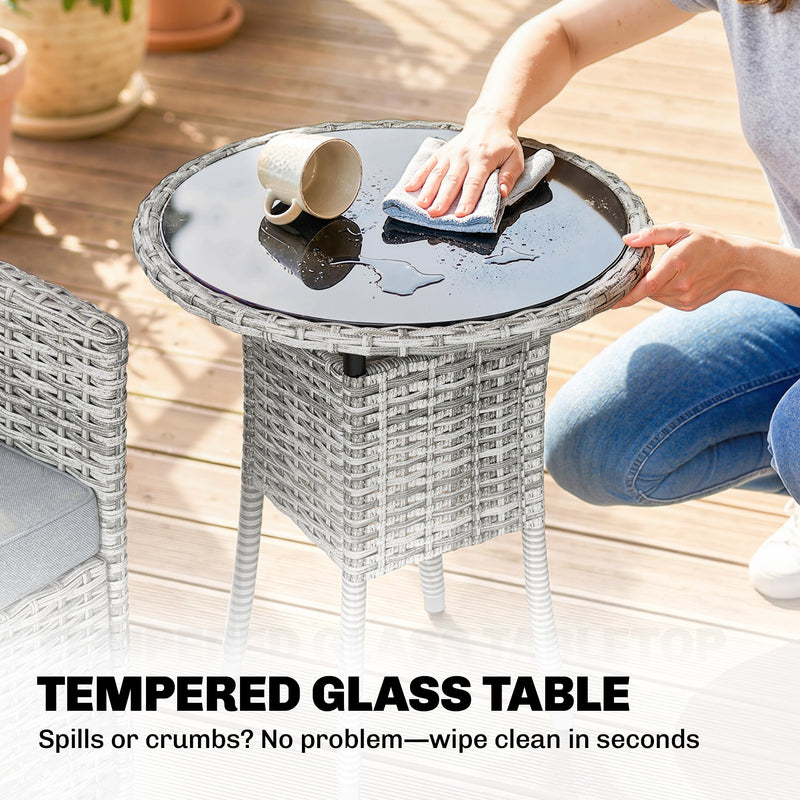 Outsunny Rattan Bistro Set, Reclining Garden Chairs and Glass Coffee Table with Cushions for Patio Balcony Porch, Light – view 8