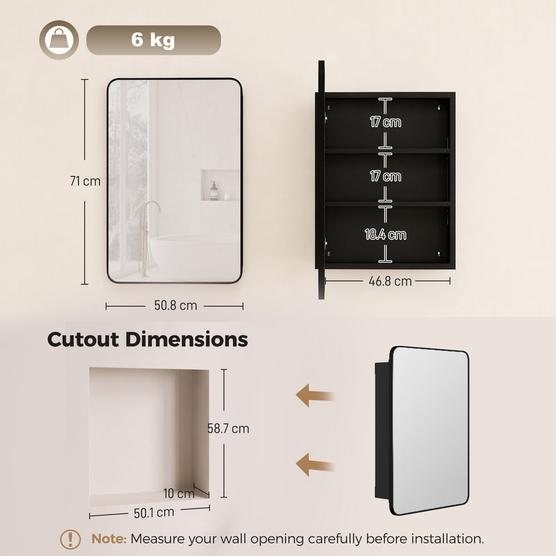 HOMCOM 50.8 x 11.6 x 71 cm Bathroom Mirror Cabinet, Wall Cabinet with Adjustable Shelves, Wall-Mounted or Recessed – view 3