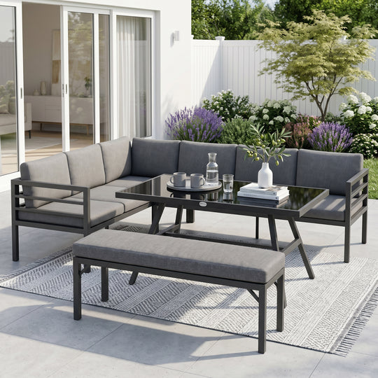 Outsunny 4 Piece L-shaped Garden Furniture Set 8-Seater Aluminium Outdoor Dining Set Conversation Sofa Set w/ Bench – view 2