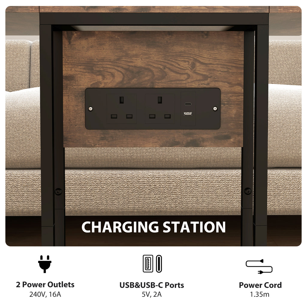 C Shaped Side Table with Charging Station and Foldable Top - Rustic Brown