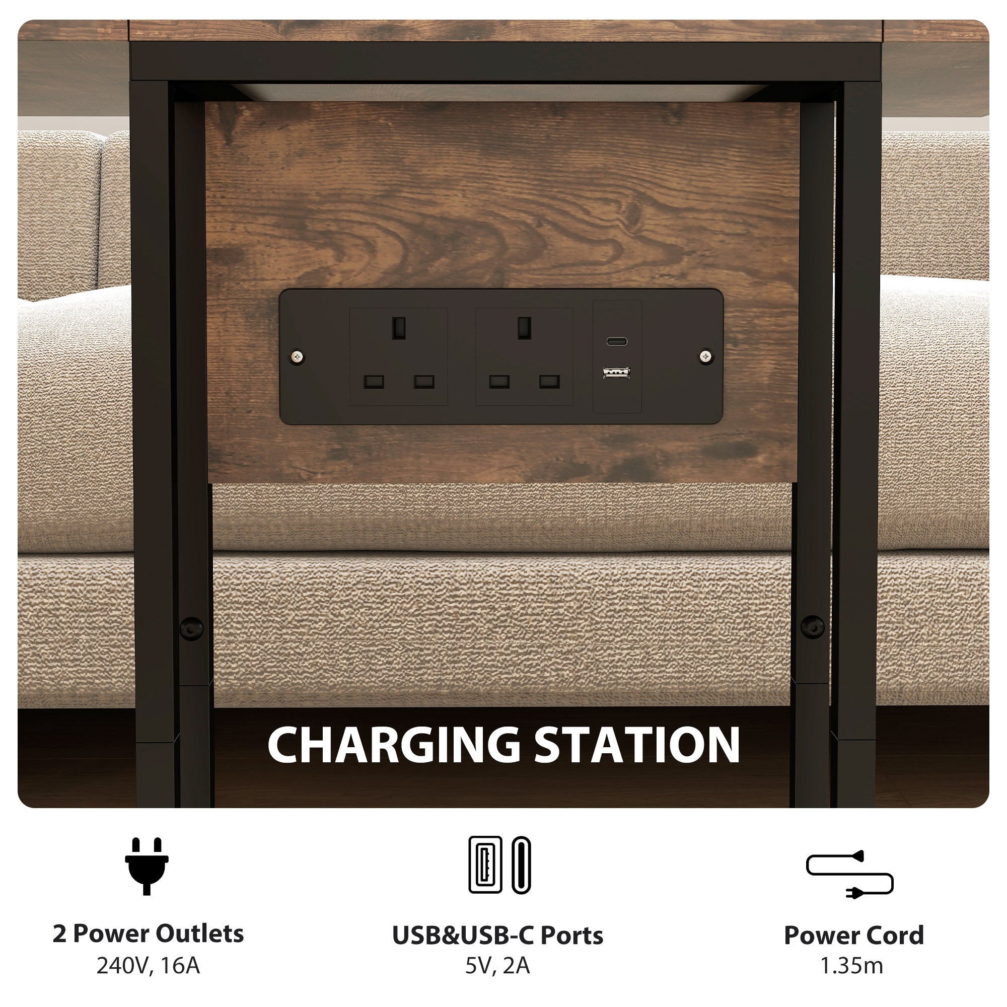 C Shaped Side Table with Charging Station and Foldable Top - Rustic Brown