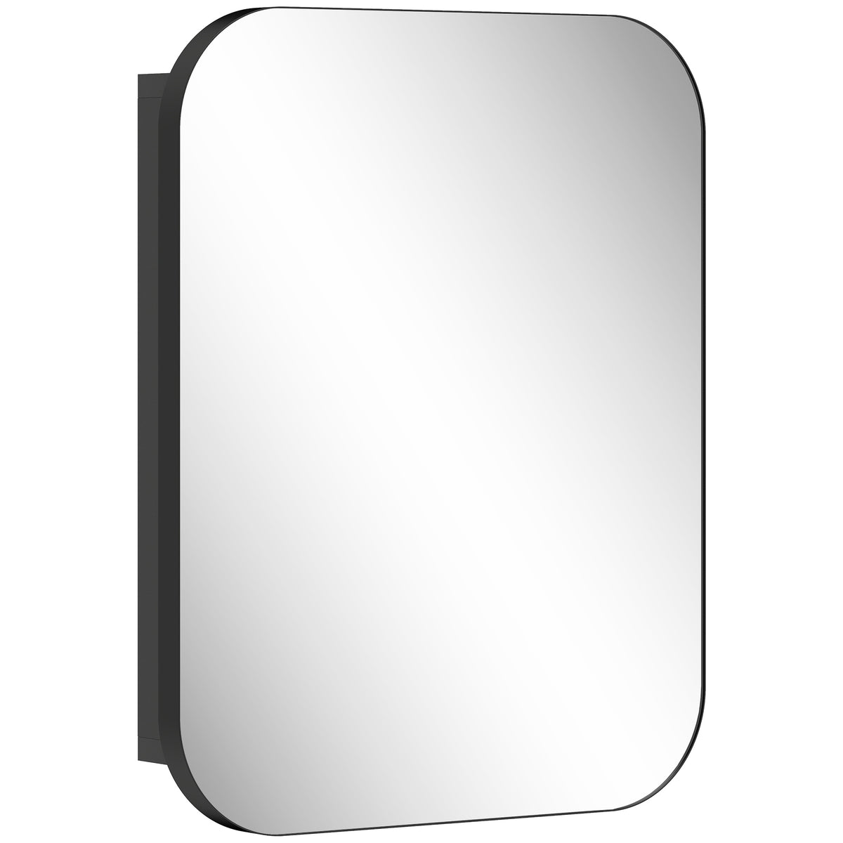 Black wall-mounted bathroom cabinet with arc-corner mirror door and soft-close hinges