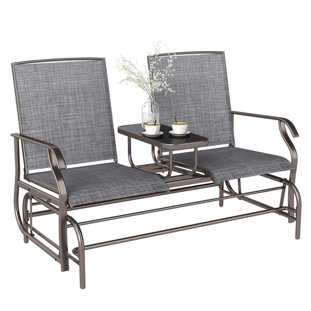 Outsunny 2 Seats Garden Glider Bench, Metal Frame Loveseat with Glass Top Centre Table, Porch Rocking Glider for 2