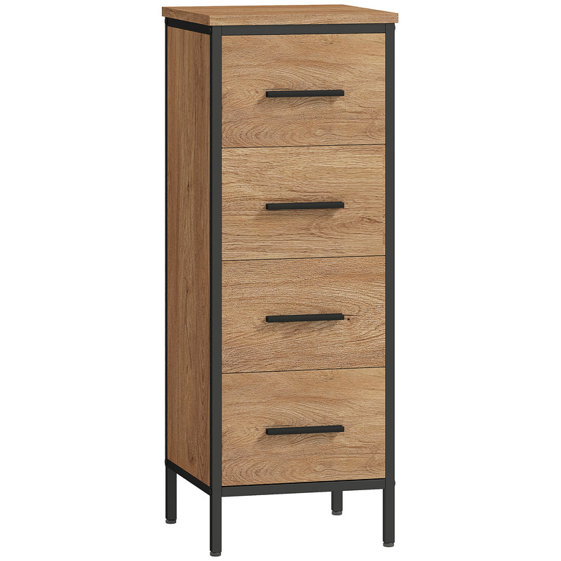 Narrow oak-effect bathroom storage cabinet with four drawers and black steel frame