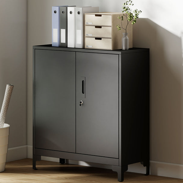 HOMCOM Lockable Metal Filing Cabinet, 2-Tier Storage Cupboard with Double Doors, Modern Office Organiser, Black – view 2
