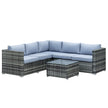 Grey 4-piece rattan corner sofa set with cushions and glass-top coffee table