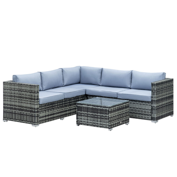 Grey 4-piece rattan corner sofa set with cushions and glass-top coffee table