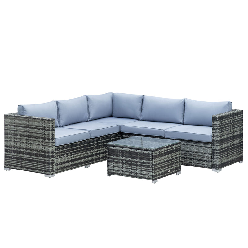 Grey 4-piece rattan corner sofa set with cushions and glass-top coffee table
