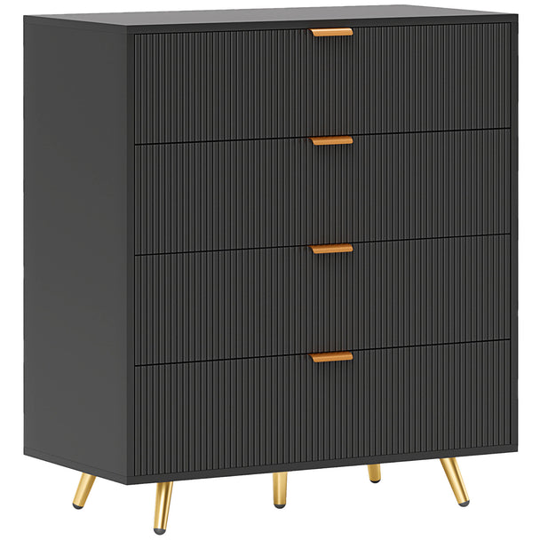 Black chest of four drawers with ribbed fronts, gold-tone handles and metal legs