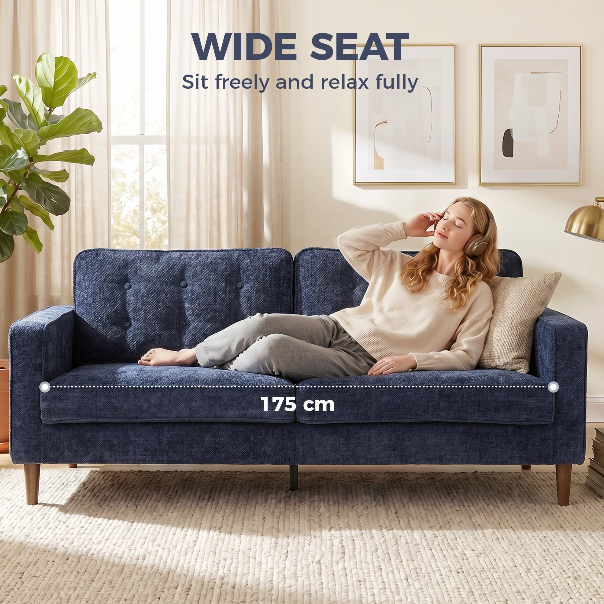 3 Seater Sofa Button Tufted Upholstered Couch with Wood Legs for Living Room, Dark Blue