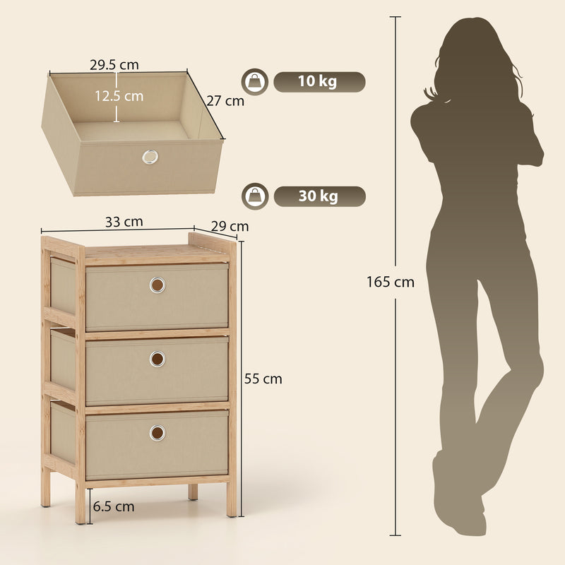 HOMCOM Chest of Drawers, 3 Fabric Drawers Narrow Dresser with Bamboo Frame, Cream White – view 3
