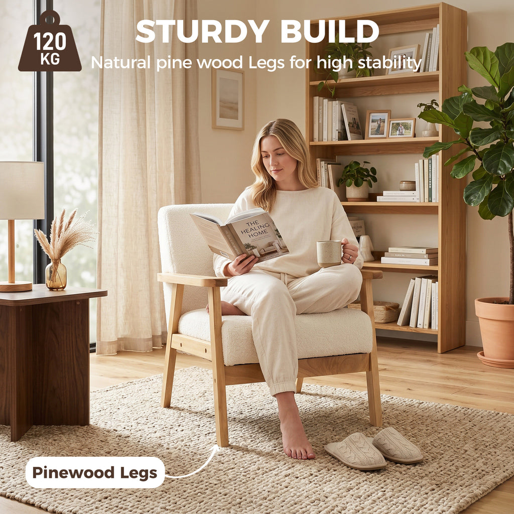 Modern Armchair, Sherpa Fleece Upholstered Accent Chair with Solid Wood Legs and Wide Seat, Cream White