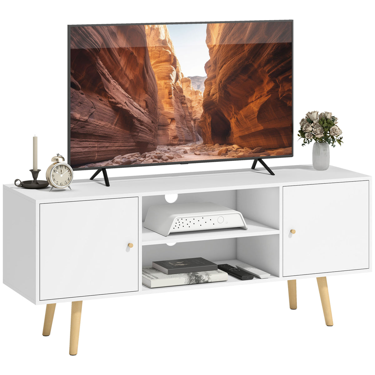 120 cm TV Stand with 2 Cupboards & Shelves – White