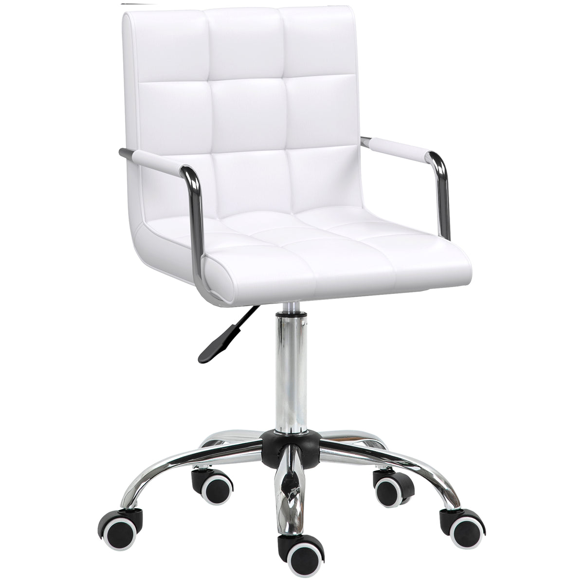 White faux leather mid-back desk chair with fixed armrests and five swivel castor wheels