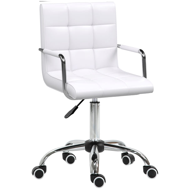 White faux leather mid-back desk chair with fixed armrests and five swivel castor wheels