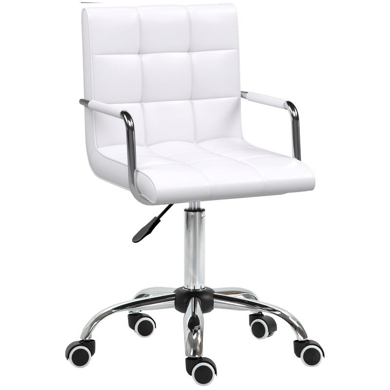 White faux leather mid-back desk chair with fixed armrests and five swivel castor wheels