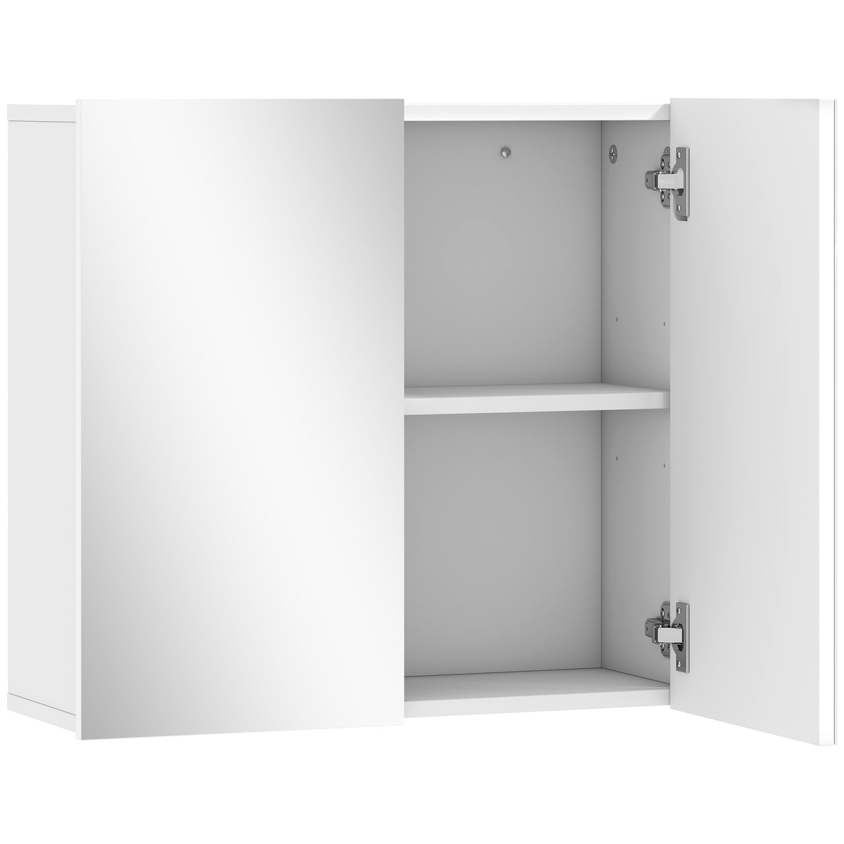 White wall-mounted bathroom cabinet with two mirrored doors and adjustable shelf