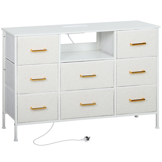 Cream boucle 8-drawer storage unit with charging station and gold-tone handles