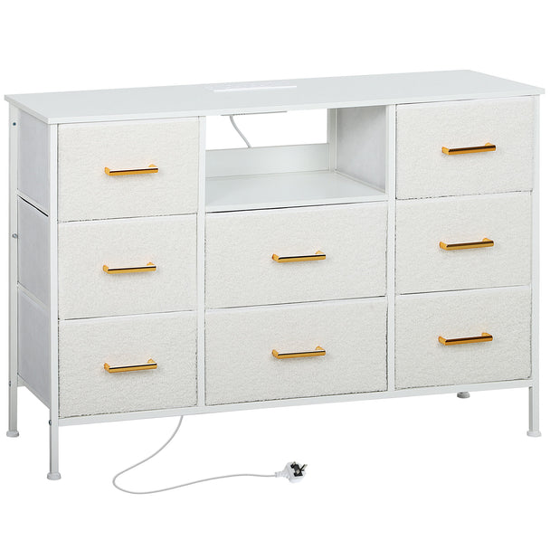 Cream boucle 8-drawer storage unit with charging station and gold-tone handles