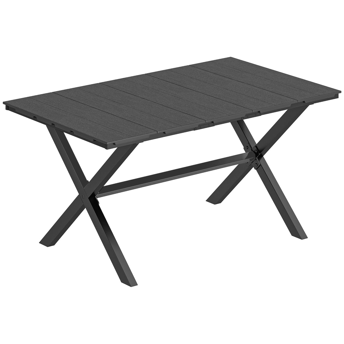150 x 90 cm black garden dining table with wood-effect HDPE top and X-shaped metal legs