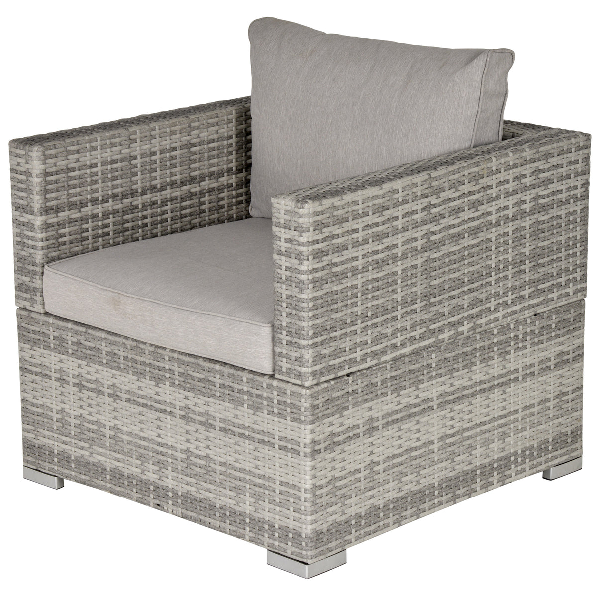 Grey rattan garden armchair with padded seat and back cushions