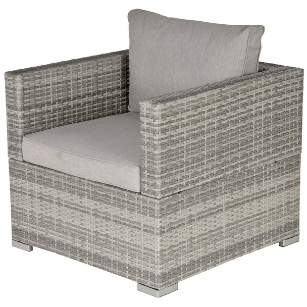 Grey rattan garden armchair with padded seat and back cushions