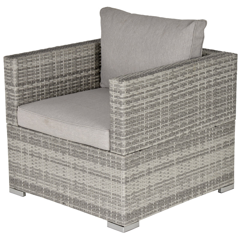 Grey rattan garden armchair with padded seat and back cushions